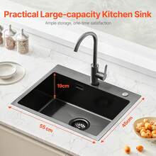55cm Kitchen Sink Workstation, 304 Stainless Steel Top Mount Sinks, Drop-In Single Bowl Farmhouse Basin With Accessories, Household Dishwasher Sinks For RV, Prep Kitchen, And Bar (Black) - Black - View 2