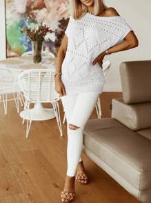 女士纯色休闲镂空肩部针织套头衫 - 白色 - 查看 3