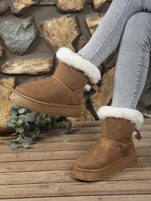 Women's Thick Sole Fashion Boots, Solid Color Y2K Casual Cute Faux Fur Patchwork Outdoor Warm Comfortable Snow Boots, Suitable For Outdoor, Vacation, Winter
