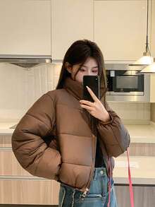 Abrigo corto de algodón con cremallera de metal y cuello alto para mujer, abrigo corto de algodón cálido, adecuado para el invierno. - Café integral - Ver 2