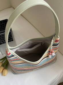 1 件时尚休闲彩色条纹草编女士单肩包，适合办公室、通勤、购物、度假 - 彩色 - 查看 3