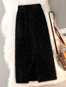 女式毛绒闪亮开衩下摆百搭修身半身裙 - 黑色 - 查看 3