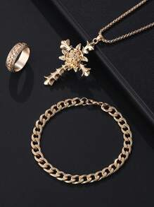 3pcs Men's Fashion Punk Rock Hip Hop Party Accessories Rose Flower Cross Necklace Bracelet Ring Set