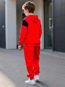2pcs/Set Teenage Boys' Letter Print Hooded Sweatshirt And Pants, Street Fashion Knit Long Sleeve Top And Trousers, Suitable For Spring, Autumn And Winter - 紅色 - 查看 3