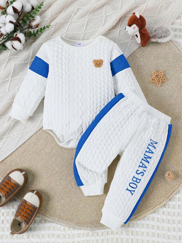 Ensemble bébé garçon décontracté et confortable de haute qualité : body texturé bicolore à motif d'ours tricoté + broderie de lettres texturée bicolore
