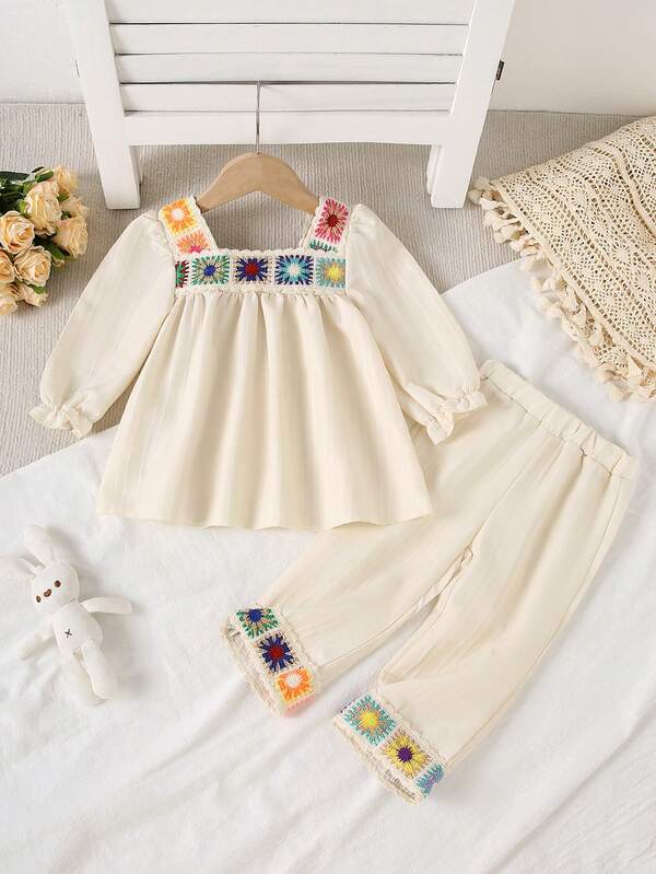 2pcs/Set Baby GirlFloral Embroidery Collar Blouse & Matching Ruffle Trim Pants, Vintage Fashionable Cute Outfit For Daily Wear, Outdoor, Party, Gift