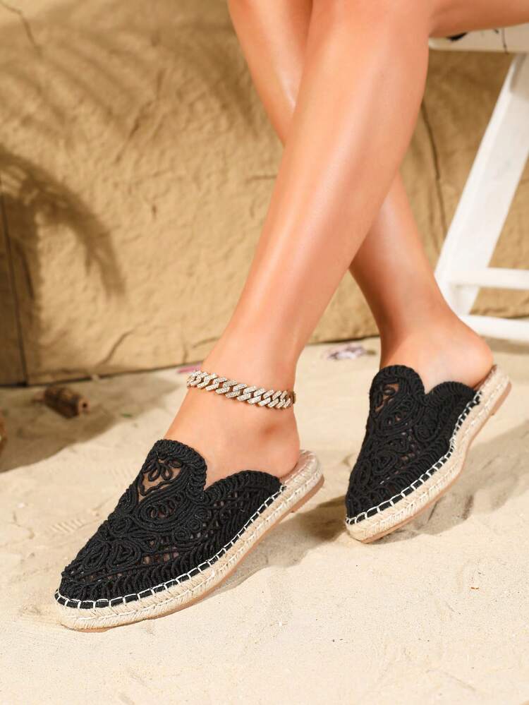 2025 Nouvelles chaussures plates de pêcheur pour femmes pour les vacances d'été, sandales à fond tressé bohème respirantes et ajourées, à enfiler - Noir - Voir 1