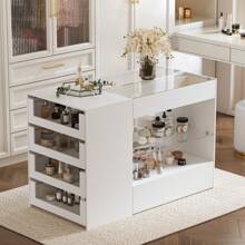 ECACAD Bedroom Island With Glass Top, Checkroom Island Table Glass Display Shelf & 6 Drawers, Wooden Closet Storage Cabinet With Open Shelves For Bedroom