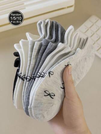 1/5/10 Pairs Women Solid Color Bow Socks, Minimalist Stylish Invisible Socks, Suitable For Couples, Various Occasions Like Festivals, Sports, Casual, Business, All Seasons Christmas Gift
