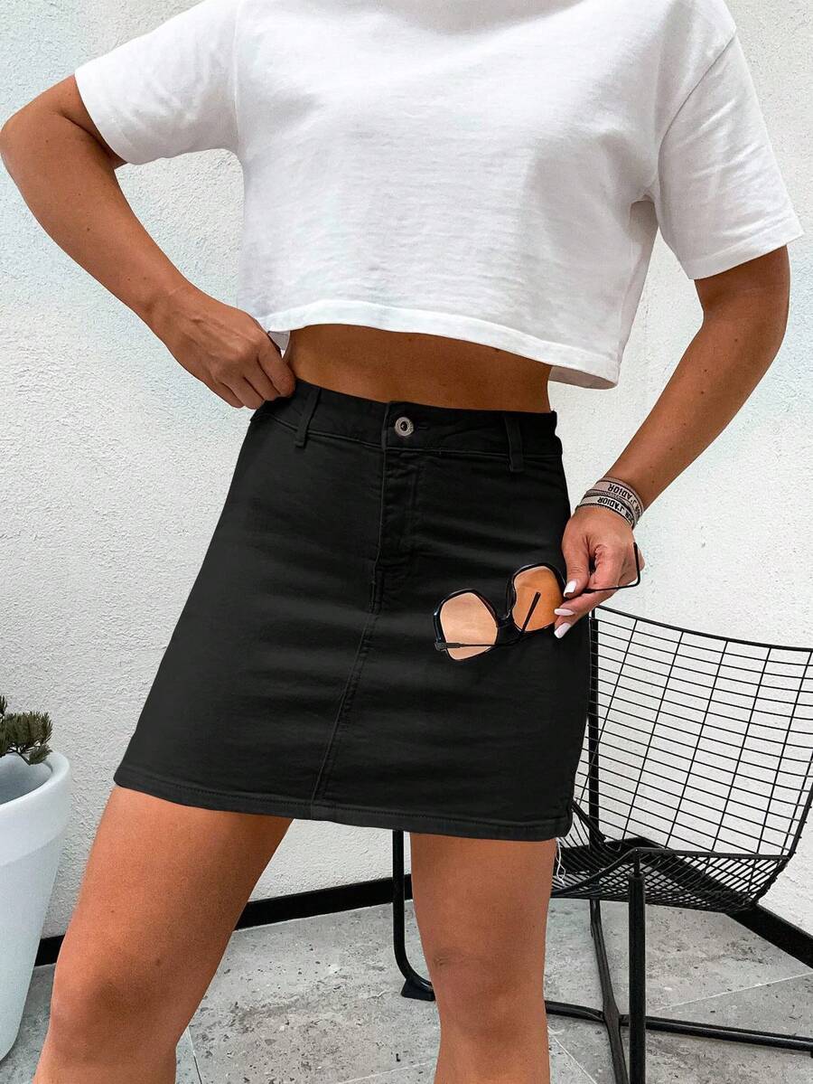 女士色布裙黑色 米色 白色女裙緊身帶彈性簡約日常夏季 - 黑色 - 查看 1