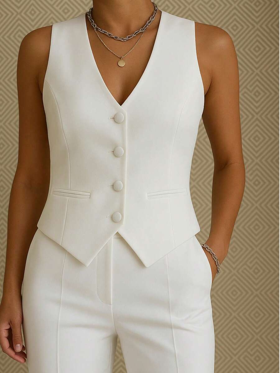 Women's Basic Tailored Vest Animal Argyle Bamboo Bat Beach Butterfly Knot Car Cartoon V-Neck Print Christmas Color Block Casual Woven Fake Pockets Vest Evening Holiday Daily Birthday Party Formal & Evening Travel Brunch Tea Party Stage & Concert All - 白色 - 查看 1
