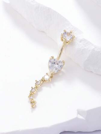 1pc Fashionable Sexy Classic Charm Cubic Zirconia Heart Navel Piercing Body Jewelry, Everyday Wear Gift