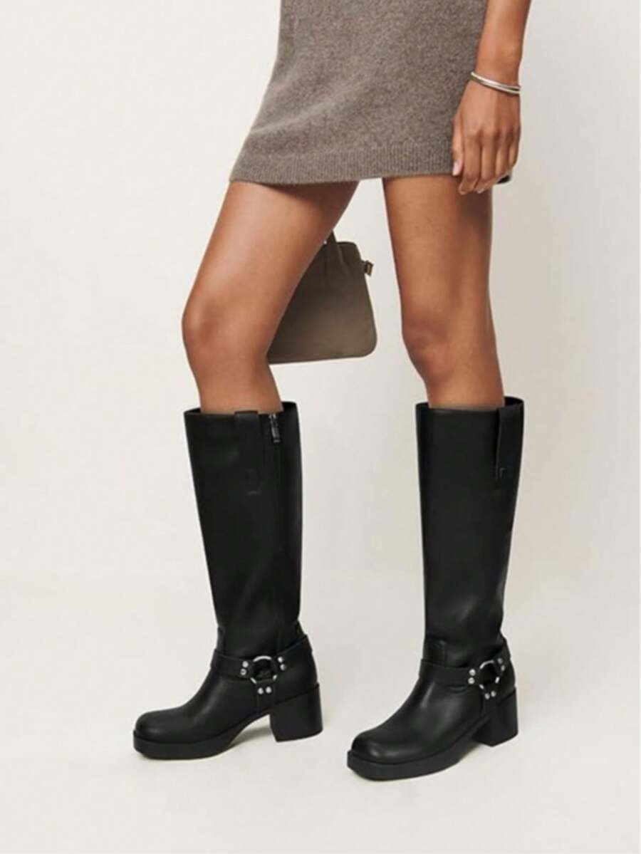 Studded Block Heel Riding Vintage Boots For Women Round Toe Knee High Western Boot Womens Pull On Platform Motorcycle Wide Calf Cowboy Boots Dress Tall Leather Boots - 黑色 - 查看 1