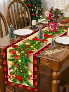 1pc 35x180cm Christmas Polyester Tablecloth, Red Christmas Theme With Floral Vine And Bow Design, Suitable For Home Dining Table, Coffee Table, Christmas Party Decor, High-End Holiday Atmosphere Textile Accessory - Multicolor - View 10