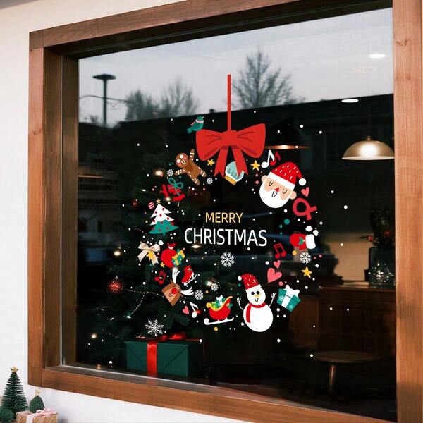 1 pieza Pegatina de ventana de Navidad de 45cm*45cm, con una corona de Navidad compuesta de un lazo, Papá Noel y un muñeco de nieve, calcomanía de vidrio para decoración de fiesta navideña, cling estático para ventana