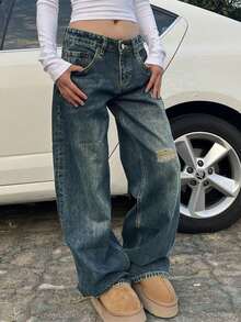 街头性感低腰宽松破洞直筒牛仔裤女式休闲牛仔长裤 - 深色水洗藍 - 查看 4