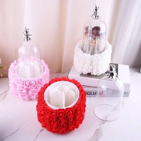 1 pieza Soporte para brochas de maquillaje, diseño creativo de rosa y unicornio, organizador de maquillaje giratorio y transparente, compartimento a prueba de polvo, obsequio de boda, regalo del Día de San Valentín, decoración de fiesta