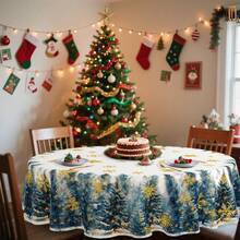 1/36 piezas Mantel decorativo impreso digitalmente con diseño de copos de nieve y árboles de Navidad - Rectangular y redondo de poliéster lavable, adecuado para decoración de comedor interior, reunión familiar, regalo, fiesta festiva, sala de estar, cocina, banquete de hotel