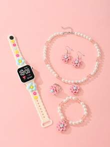 6pcs/Set Girls' Elegant Classic Square LED Heart-Shaped Digital Display Watch With Floral Pattern Strap And Dial. Affordable Price, Suitable For Students To Wear In Back To School Season. Fashionable Stationery Set Includes Electronic Watch, Bracelet, Necklace, Ring And Earrings. Adorable Pearl Flower Children's Accessories, Suitable For Daily Life, School, Gatherings, Travel, Also Can Be Given As Birthday Gifts To Friends. Perfect Gift For Girls. - Multicolor - View 4