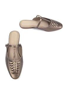 女士休闲手工编织镂空装饰卡其色褶皱超细纤维时尚方头舒适拖鞋，带踝带，适合日常和派对穿着 - 卡其色 - 查看 4