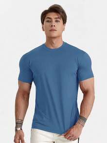 Men's Plain Short Sleeve T-Shirt With Elastane Visco Lycra Mesh - 藍色 - 查看 4