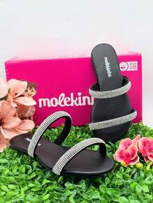 Girls' Flat Sandals, Slide Molekinha, Comfortable Youth - 水晶黑 - 查看 2