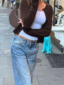 女式单排扣长袖优雅复古毛衣纯色羊毛针织开衫秋冬外套返校 Y2K 基本款 - 棕色 - 查看 4