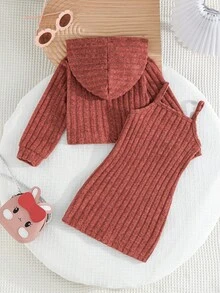 2 件套女婴春秋装，长袖连帽短款上衣搭配可爱猫咪印花休闲连衣裙，2 件套 - 乾枯玫瑰色 - 查看 8