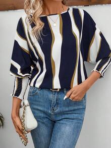 女士秋季上衣波浪条纹蝙蝠袖海军蓝圆领七分袖衬衫 - 藏蓝色 - 查看 9