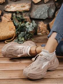 全新透气轻质网眼针织系带休闲鞋，可水洗女士运动鞋，跑步鞋，步行鞋，路跑鞋 - 卡其色 - 查看 5