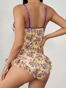 Women's Summer Skinny Bodysuit Tops Sleeveless Open Back Ruffle Trim Floral Short Playsuit Lingerie - Purple - View 2