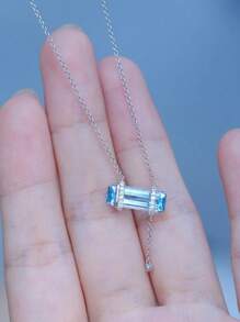 夏季 925 纯银女士项链，方形海蓝宝石水晶项链，镶嵌精美钻石锆石时尚珠宝礼物，适合海滩度假、节日、约会和女性日常佩戴 - 銀色藍色水晶 - 查看 6