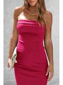 Women's Summer Bodycon Maxi Tube Dress Ribbed Strapless Side Slit Long Going Out Casual Elegant Party DressesHalloween Christmas New Year - 玫紅色 - 查看 3