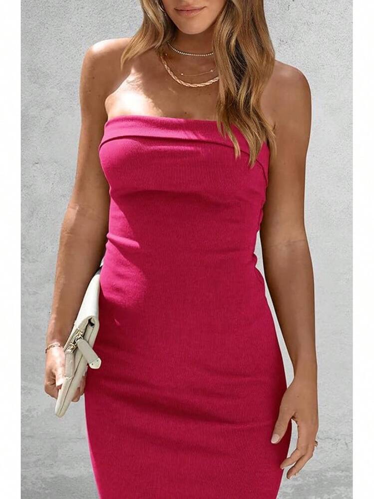 Women's Summer Bodycon Maxi Tube Dress Ribbed Strapless Side Slit Long Going Out Casual Elegant Party DressesHalloween Christmas New Year - 玫紅色 - 查看 3