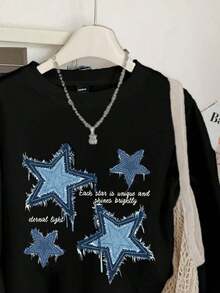 ClothesCasual Minimalist Blue Star Patch Print Pattern Black Crew Neck Oversized Loose Fit Women Hoodie Sweatshirt Autumn And WinterLoose And Comfortablewinter Clothes For Women - màu đen - Xem 4