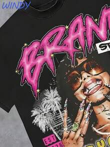 180 Pure Cotton Black T-Shirt Graphic Print For Fly Girls OnlyY2K Style Vintage T-Shirts Graphic For Men Women Kids Family Letter New Streetwear Clothing Harajuku T-Shirts Cotton Half Sleeve Tees Tops Tshirts Casual Classic Crewneck DesignTees - 黑色 - 查看 5