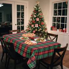 1/36 件圣诞红绿格子图案装饰数码印花桌布 - 矩形和圆形涤纶可洗桌布，适用于室内餐厅装饰、家庭聚会、礼物、节日派对、客厅、厨房、酒店宴会 - 格紋-紅綠 - 查看 3