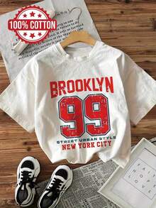 Damen Brooklyn 99 Street Urban Style NYC Grafikdruck T-Shirt - Kurzarm Rundhals Freizeitoberteil, Weiß mit rotem & blauem Schriftzug, maschinenwaschbarer Ganzjahreskomfort, Alltagskleidung, entspannt geschnittenes T-Shirt, nicht transparenter Stoff - Weiss - Übersicht 1