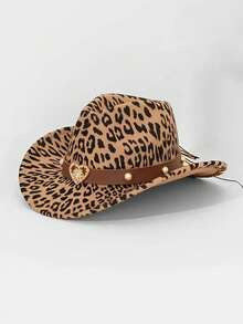 1 件豹纹西部牛仔帽，采用毛毡材质制成，配有可拆卸心形装饰带，印花设计，适合日常佩戴和万圣节圣诞节场合 - 豹紋 - 查看 2