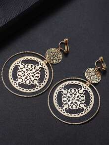2pcs Hollowed Dsic Textured Round Clip On Earrings No Piercing Gold Color Big Circle Hoop Ear Clips For Women Girl Party Gift Jewelry - Clip - View 6