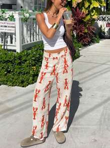 Pantalones rectos y delgados de estilo informal con estampado de langosta para mujer - Blanco - Ver 4
