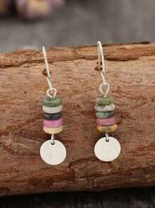 1 paire de boucles d'oreilles vintage rondes faites main avec plaques de métal patiné et perles, boucles d'oreilles rétro créatives en mini perles de pierre pour femmes