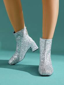 Women's Fashion Glitter Chunky Heel Ankle Boots, Back Zipper Square Toe High Heel Boots, Runway Plus Size Dress Boots - Silver - View 7