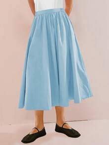 Womens A-Line Midi Skirt Elastic High Waist Pleated Flowy Swing Casual Long Skirt With Pocket - 淺藍色 - 查看 5