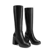 Botas altas hasta la rodilla con tacón grueso y bloque, plataforma con punta cuadrada, de unicolor y con cremallera lateral, de moda tipo go-go - Negro - Ver 1
