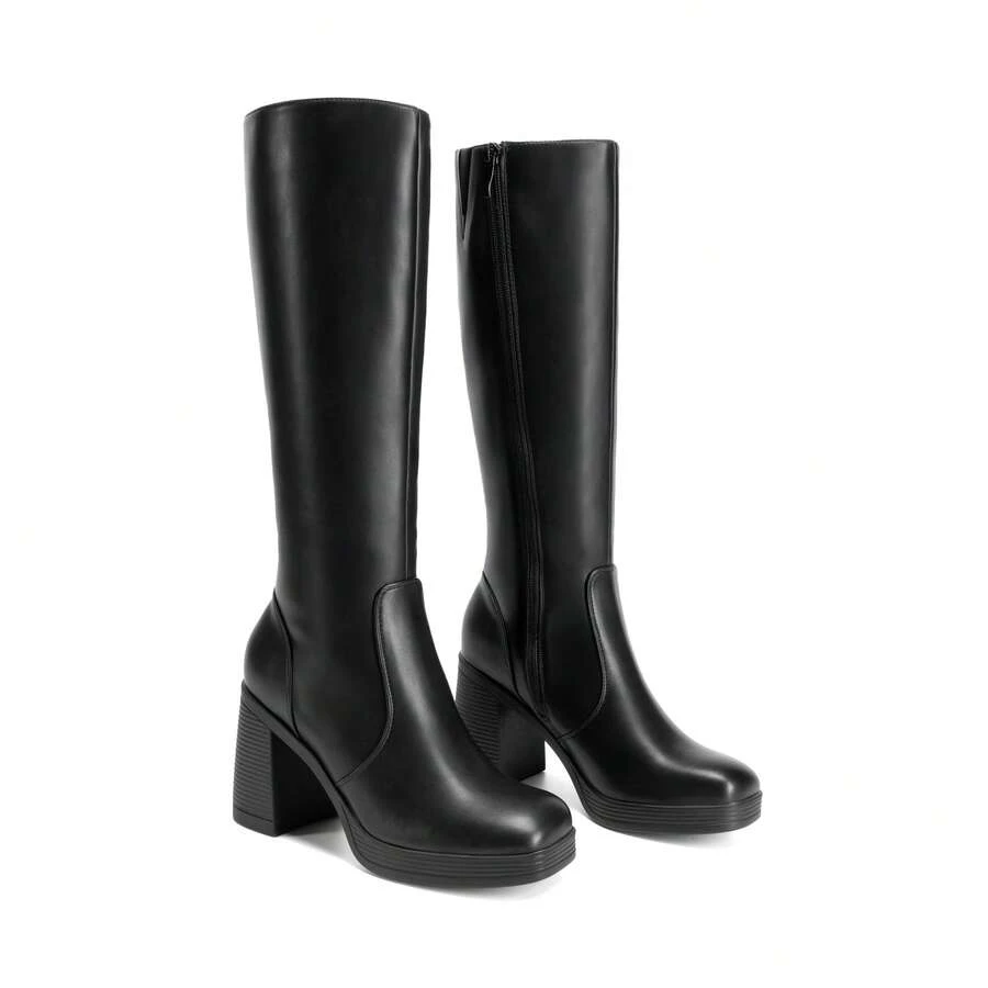 Botas altas hasta la rodilla con tacón grueso y bloque, plataforma con punta cuadrada, de unicolor y con cremallera lateral, de moda tipo go-go - Negro - Ver 1