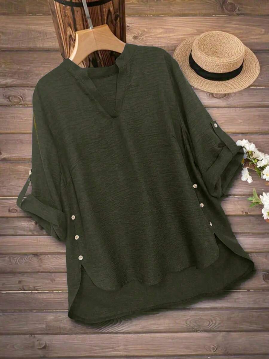 Plus Size Casual Solid Color Button Decor Notch Collar Shirt Spring