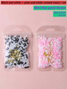 458件/包 3D櫻花與向日葵美甲飾品－樹脂水鑽，混合尺寸與顏色－極簡可愛迷你五瓣花系列（粉色/白色/黑色）－搭配鋼珠、珍珠、魚子醬珠與雪花水鑽 - 彩色 - 查看 7