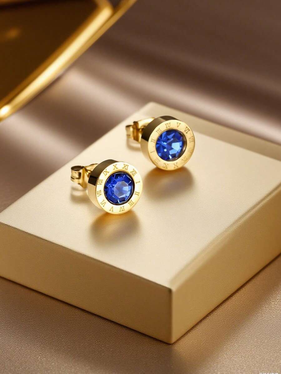 MONALLY 1 Pair 18K Gold Plated Stainless Steel Roman Numeral Stud Earrings, 0.035μm Thickness - Royal Blue - View 1