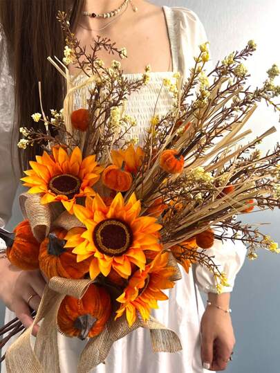 1/3 peças de galhos artificiais com abóboras e girassóis, laranja, 1 abóbora grande, 3 abóboras pequenas, 1 cabeça de flor, material de polietileno, flores artificiais, plantas artificiais, decorações grandes, centros de mesa, flores de plástico, sala, mesa, decorações de jardim, decorações de colheita, Halloween